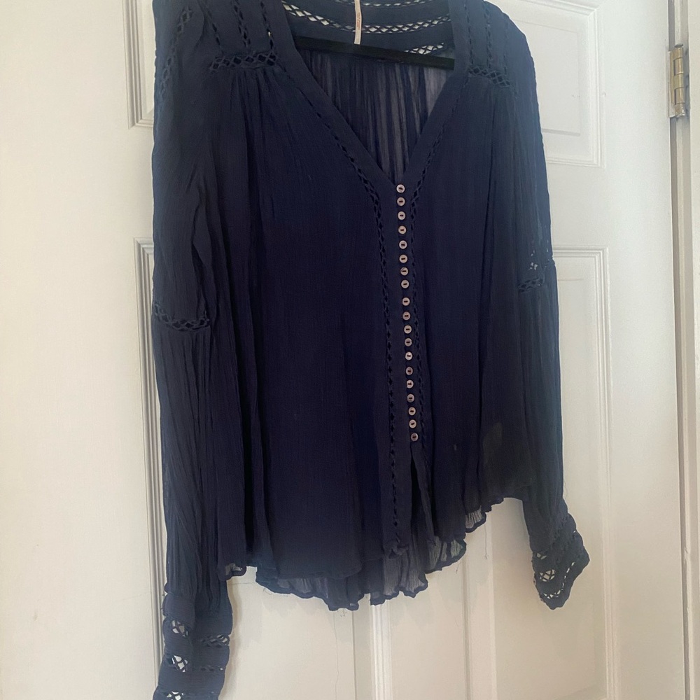 FREE PEOPLE Navy Button Down Boho Blouse